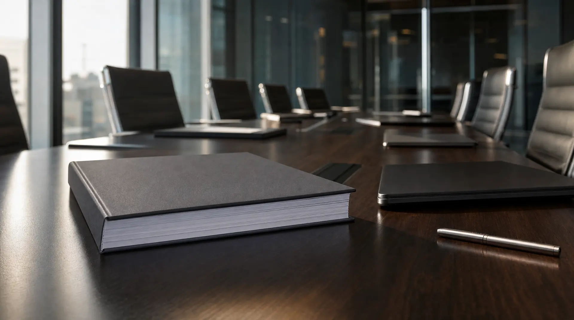 Grey binder and pen on a boardroom table facing empty chairs, reflecting corporate branding planning.