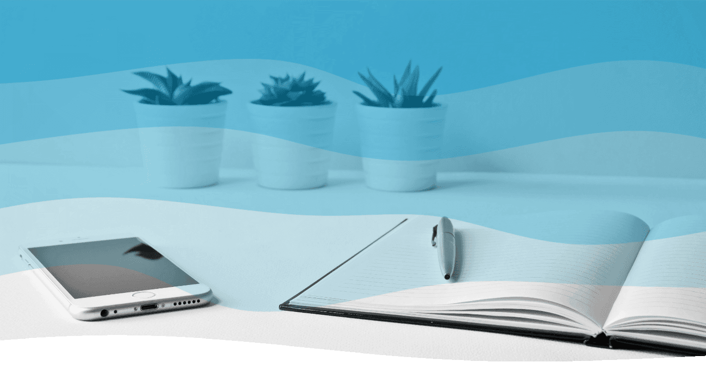 A minimalist workspace featuring white potted succulents, an open notebook with a pen, and a smartphone on a clean, light-colored surface.