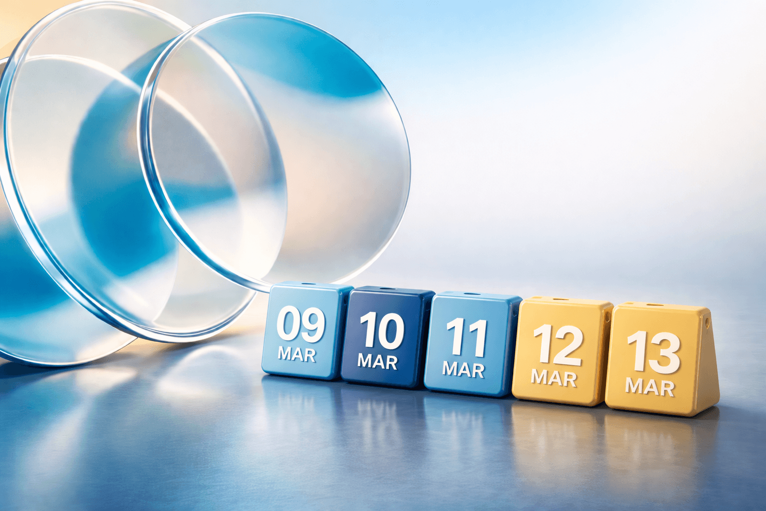 Banner da feira Expo Revestir com elementos 3D abstratos em vidro azul e gradiente suave, destacando o evento do setor de revestimentos e arquitetura que acontece de 9 a 13 de março de 2026.