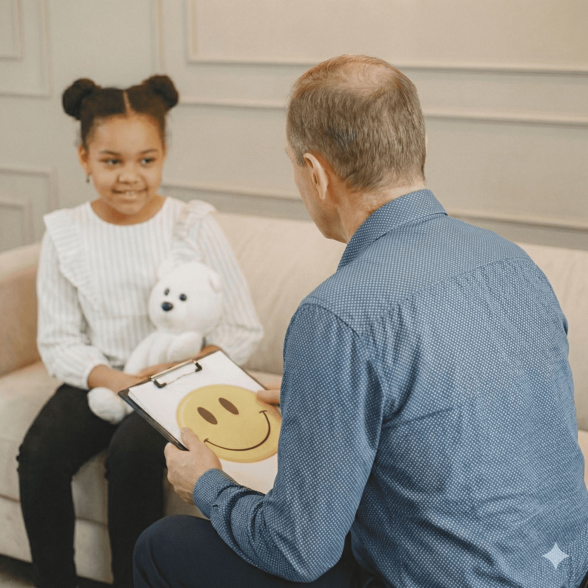 woman wearing grey striped dress shirt sitting down near brown wooden table in front of white laptop computer