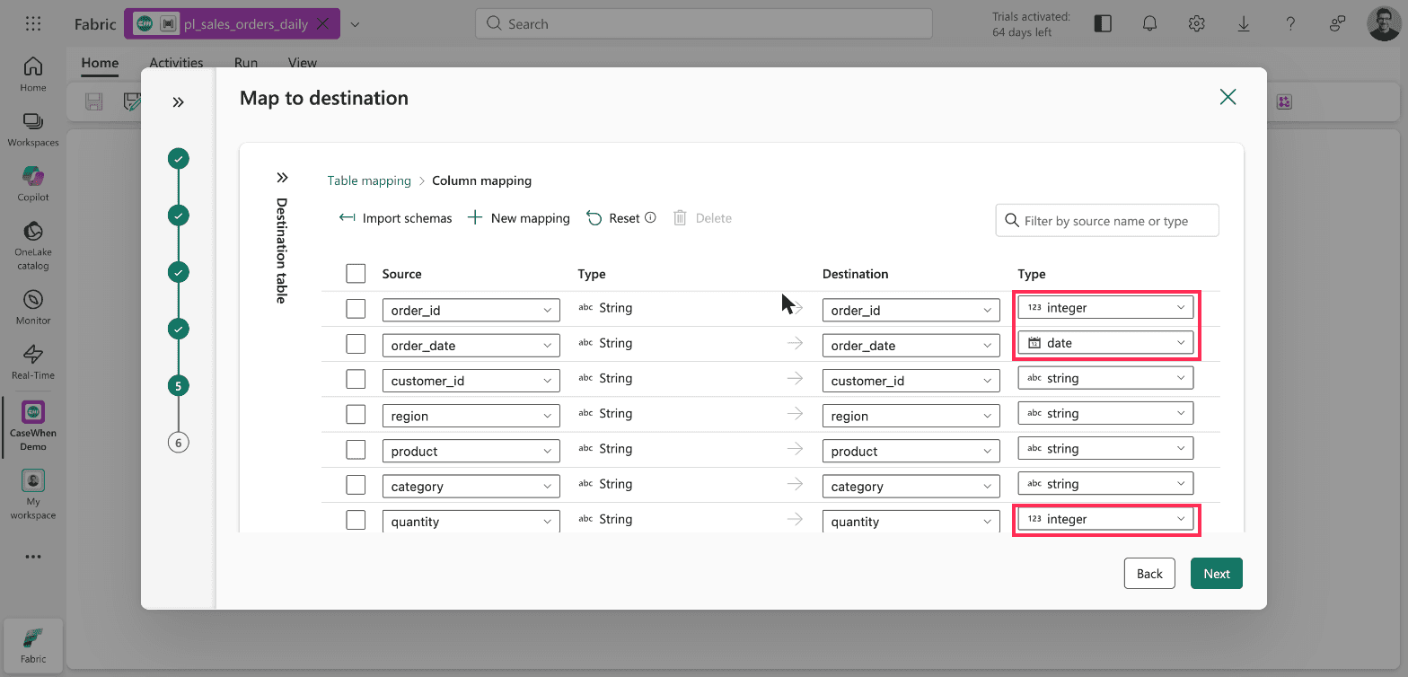 Map to destination column mapping, with the destination types for order_id set to integer, order_date to date and quantity to integer, outlined