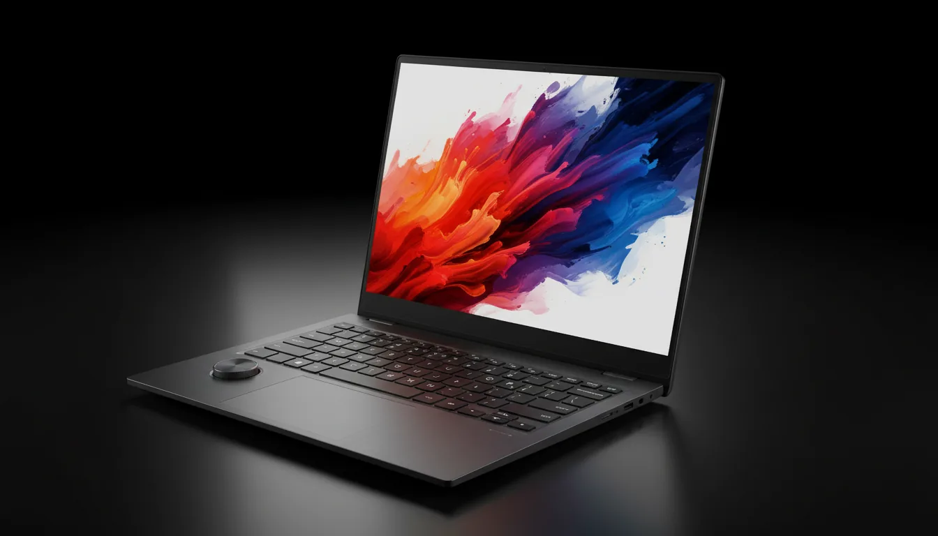 DSLR product photography of a sleek, dark charcoal professional creator laptop, angled at a three-quarter view against a pure black background. Soft studio lighting meticulously highlights the clean edges and matte metallic texture of the chassis. The laptop is open, showcasing its keyboard and a distinctive physical control dial on the palm rest. The bezel-less OLED screen is illuminated with a vibrant, flowing abstract wallpaper of energetic, layered brushstrokes, transitioning from warm reds and oranges on the left to cool purples and blues on the right. The entire image is in sharp focus, creating a high-end, commercial feel.