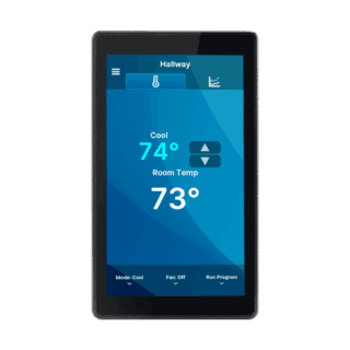 Smart thermostat showing hallway temperature, set to 74°.