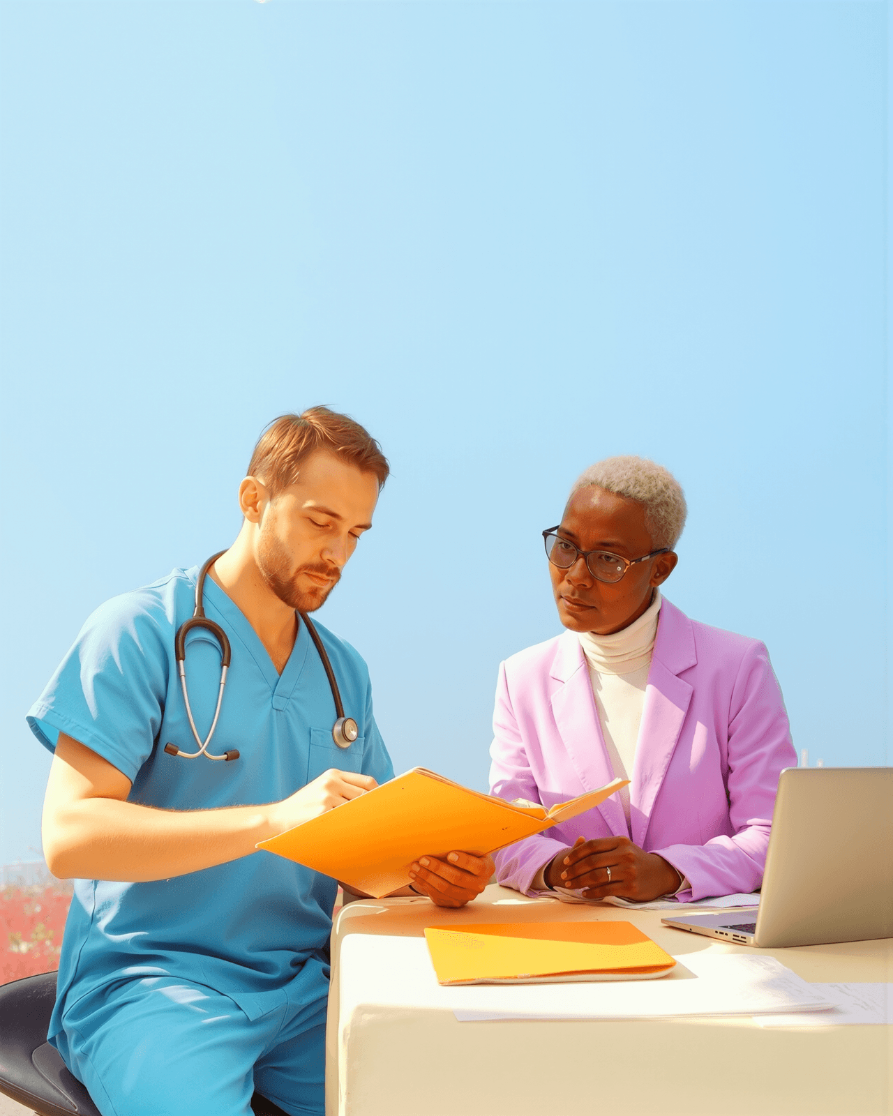 Clinician reviewing patient files with a healthcare leader, representing Synapti Health’s value based care training trusted by frontline teams and integrated into daily workflows.