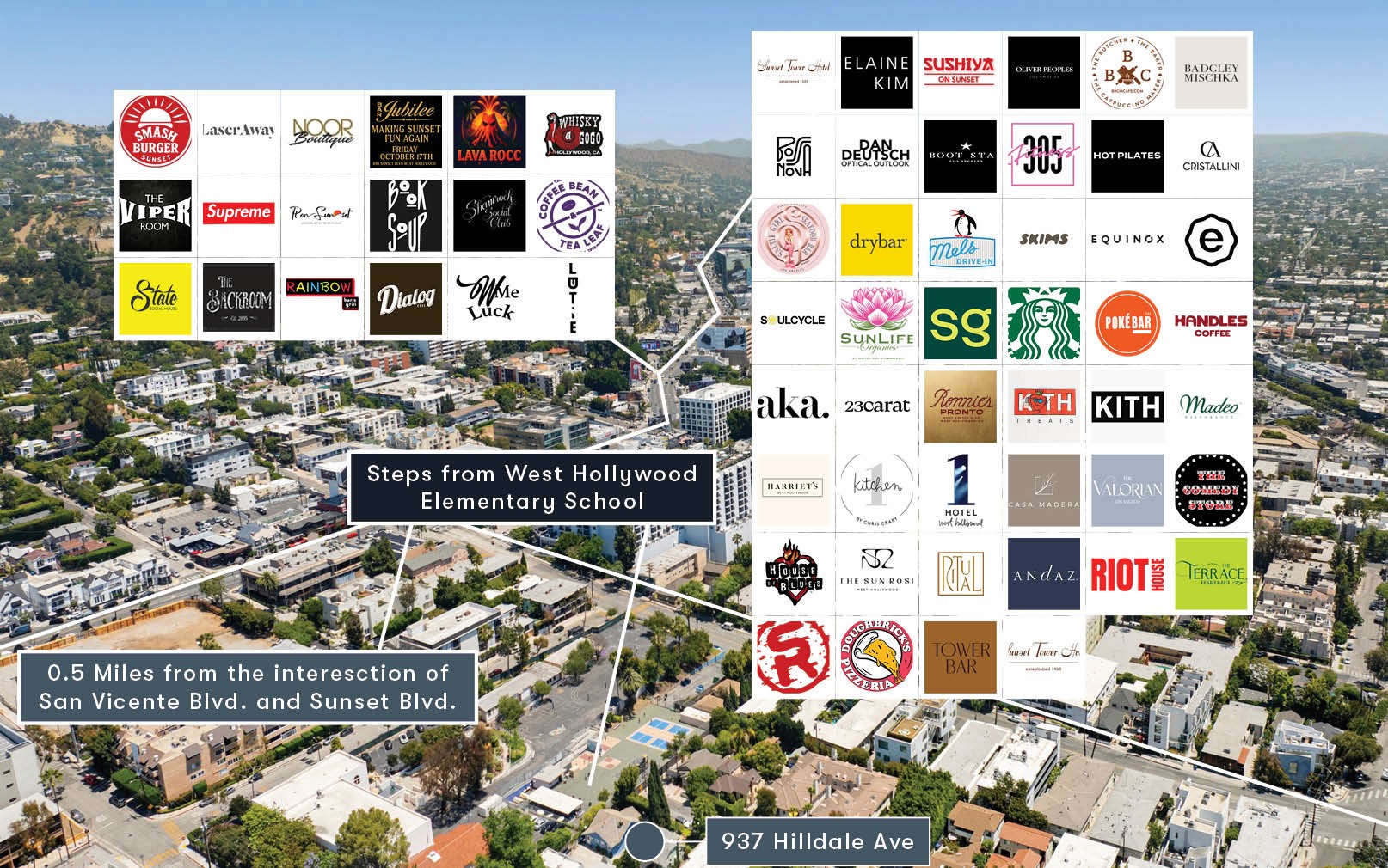 Aerial map illustrating proximity to West Hollywood amenities from 937 Hilldale Ave.