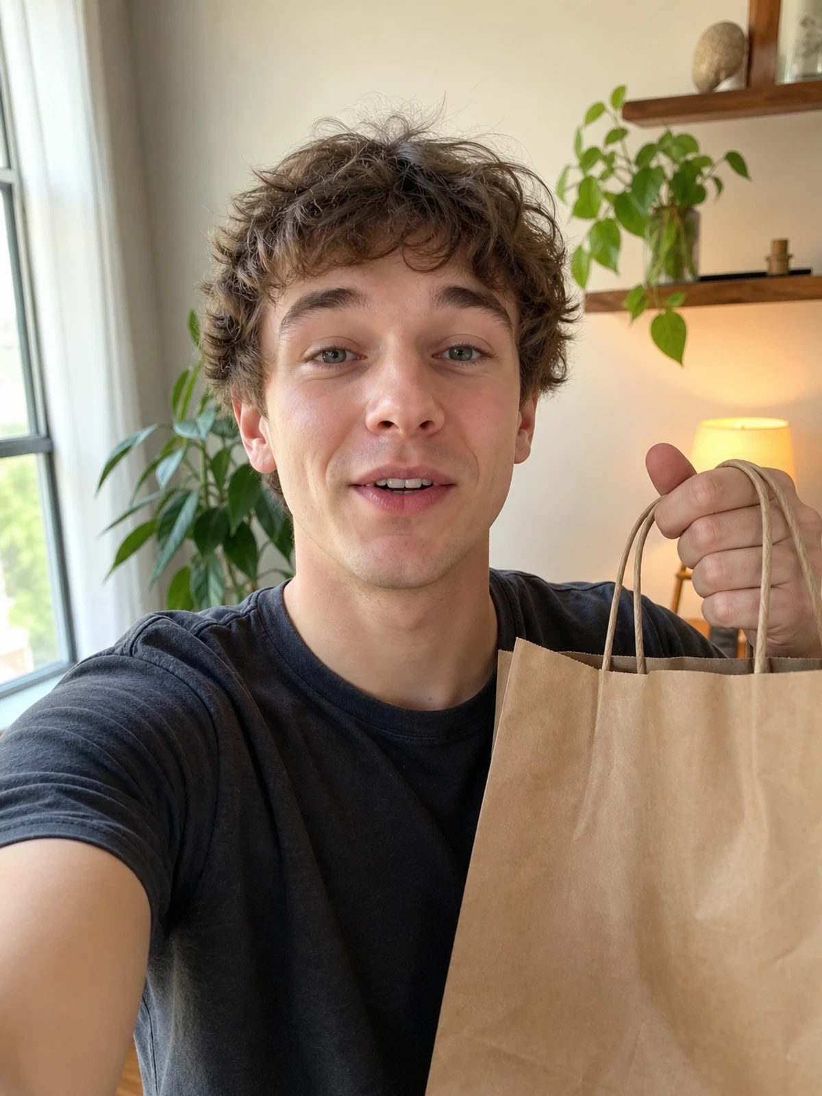UGC-style photo: young male creator, in a bright home studio, holding a shopping bag while talking to camera, selfie angle.