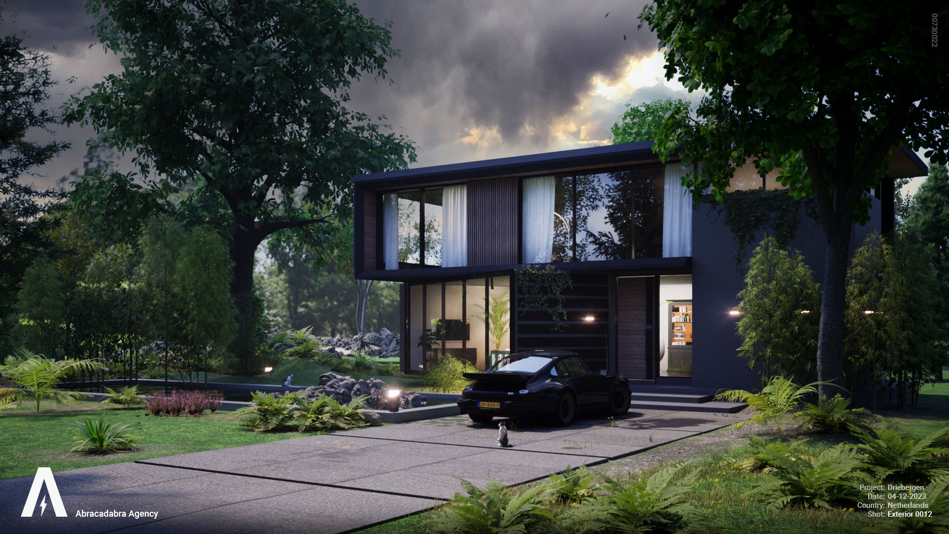 3D render of house in Driebergen in the Netherlands with dark clouds