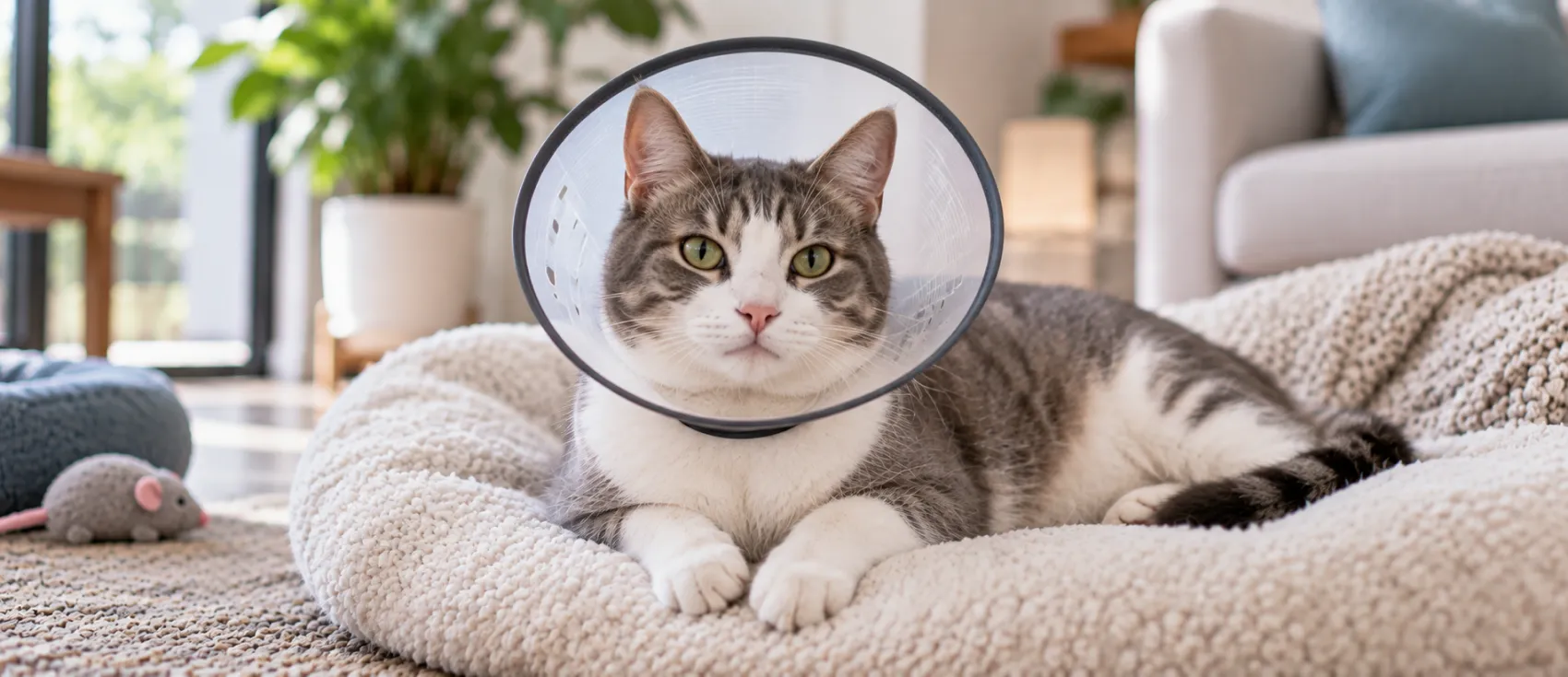 A tabby cat wears a protective cone while recovering on a bed after neutering surgery.