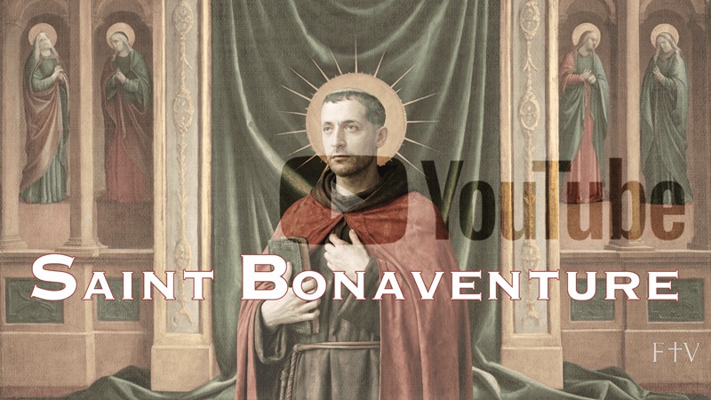 Sacred artwork by Faith and Verse. © Faith and Verse, 2025. All rights reserved. Traditional Catholic art—portrait of Saint Bonaventure, shown before his episcopal canopy with veiled YouTube play marker blended softly into the composition.rtwork by Faith and Verse.