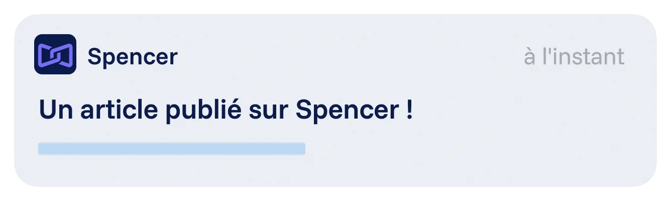 Notification Spencer indiquant qu’un nouvel article a été publié, avec indication de l’heure et court texte d’aperçu