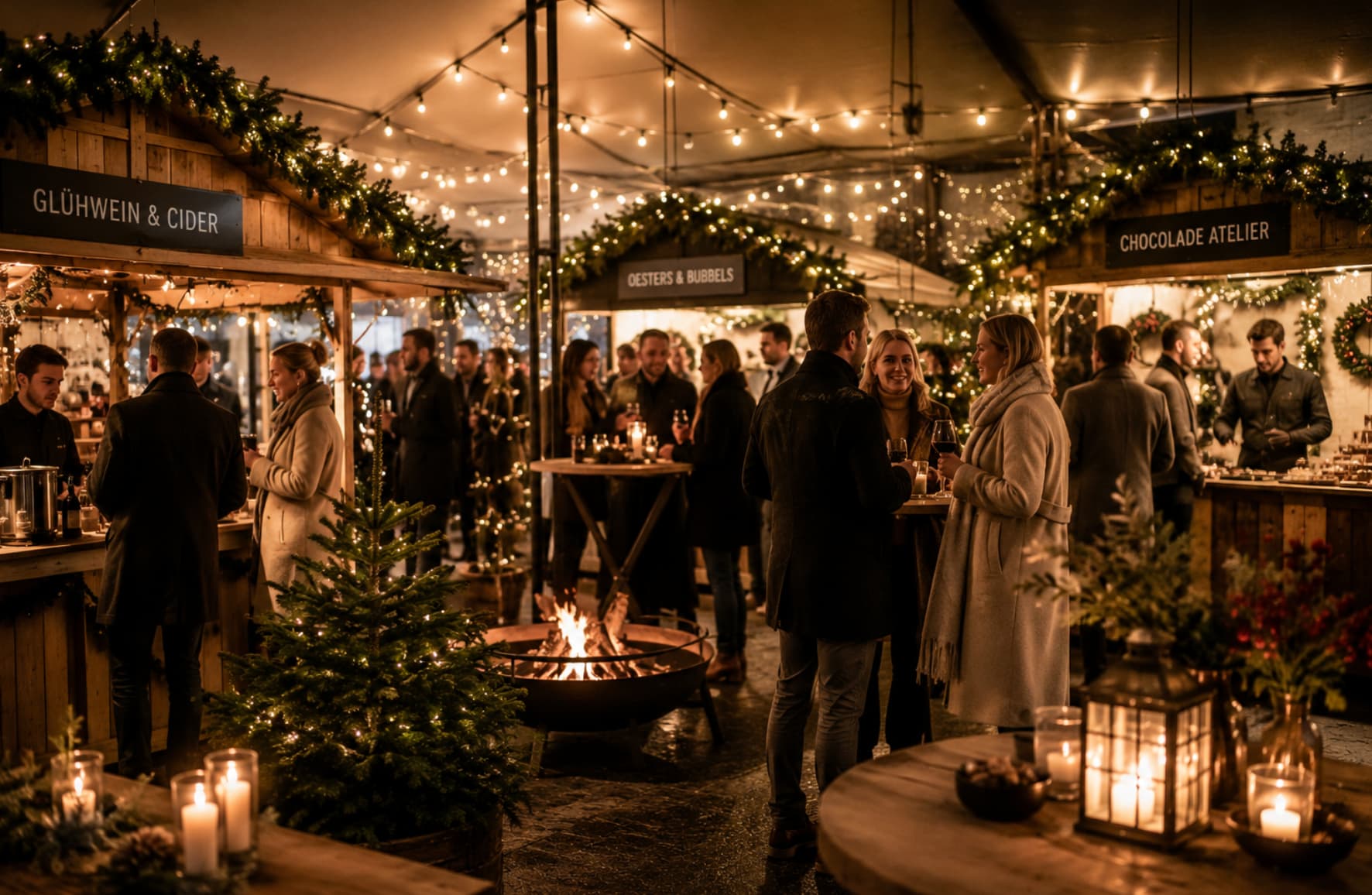 Sfeervolle kerstmarkt voor bedrijven met houten chalets, verlichting en live entertainment in Amsterdam