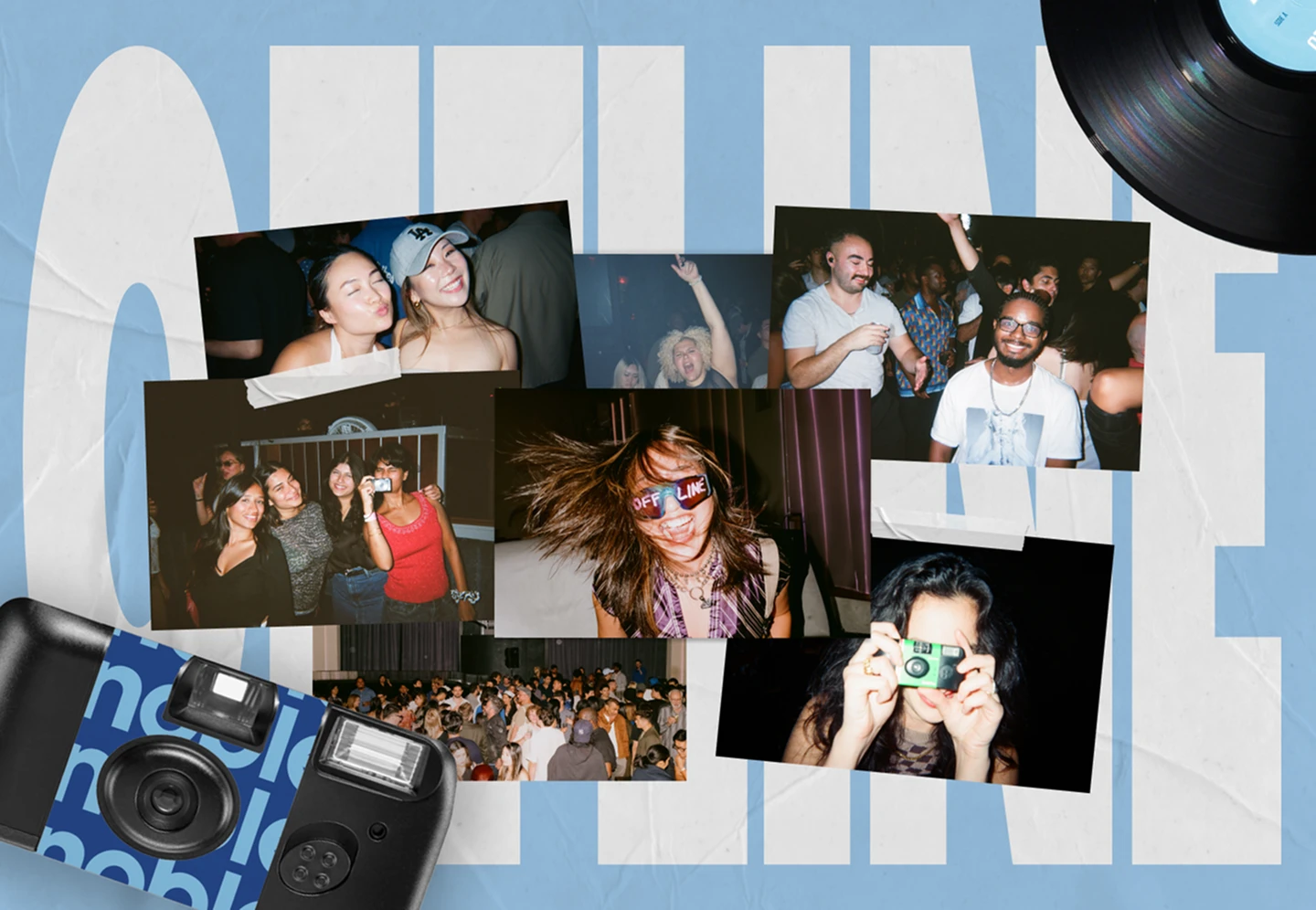 OFFLINE party photography arranged over Noble Mobile graphics.