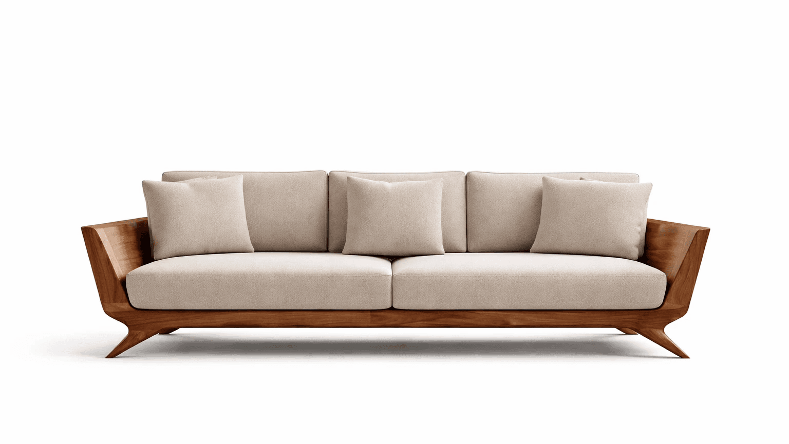 Luxury contemporary sofa with neutral fabric upholstery and exposed wooden frame