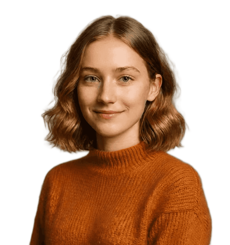 Virtual assistant. A smiling woman with long brown hair stands confidently, holding a pen and wearing a black blazer. (Background Removed) (Background Removed)