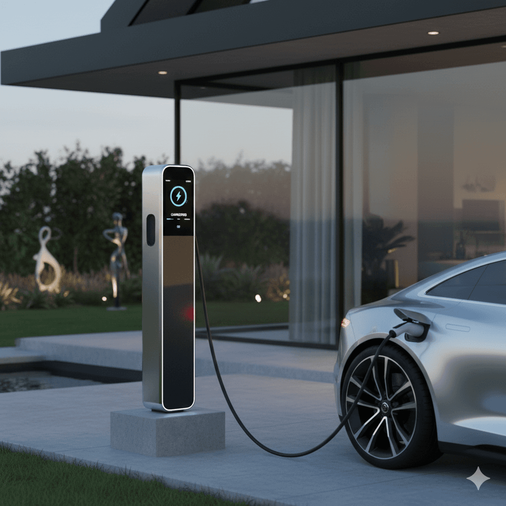 Modern kitchen with a wooden dining table, white chairs, and a hanging light fixture above.