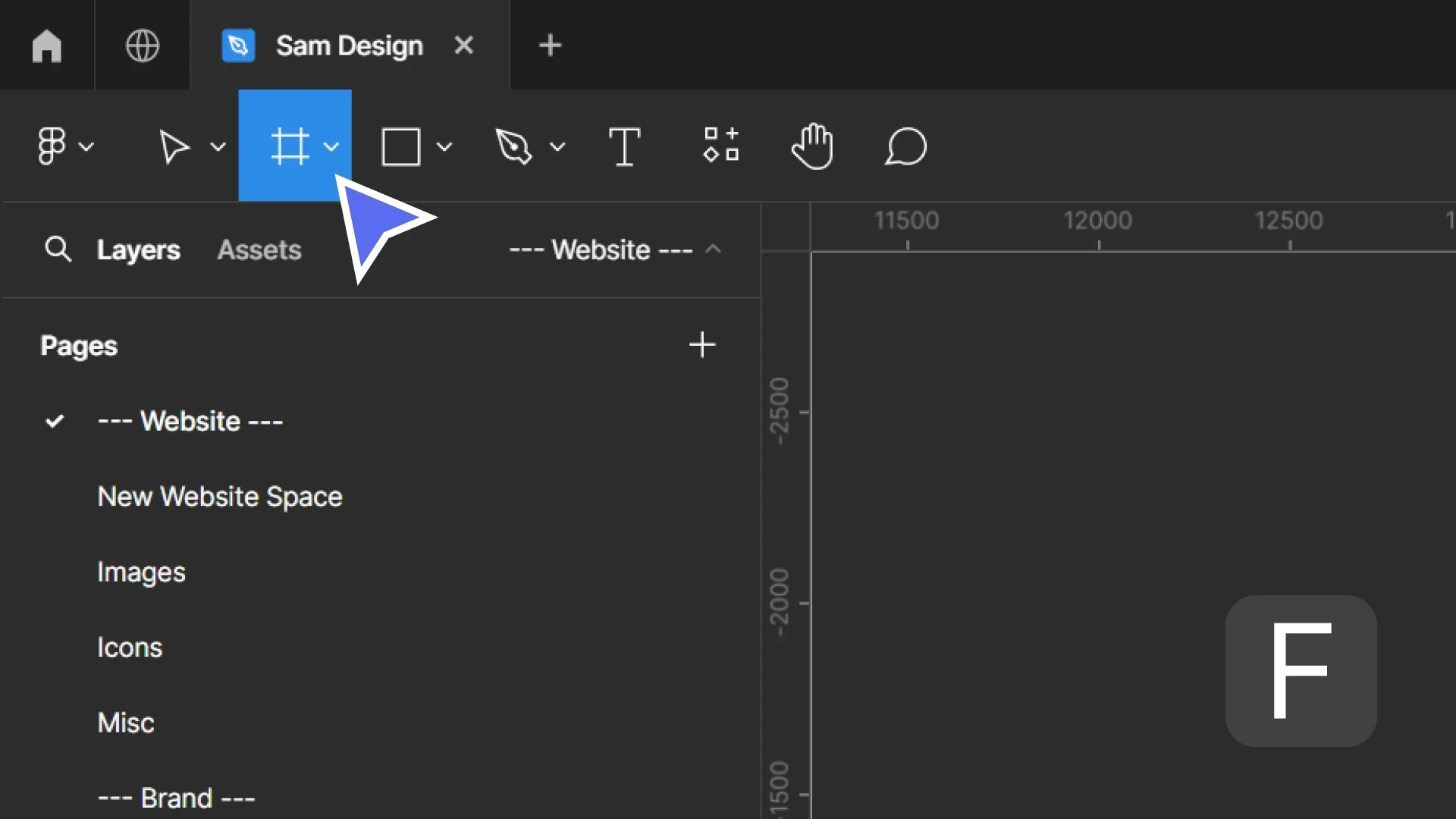 A mouse hovering over the add frame in Figma icon