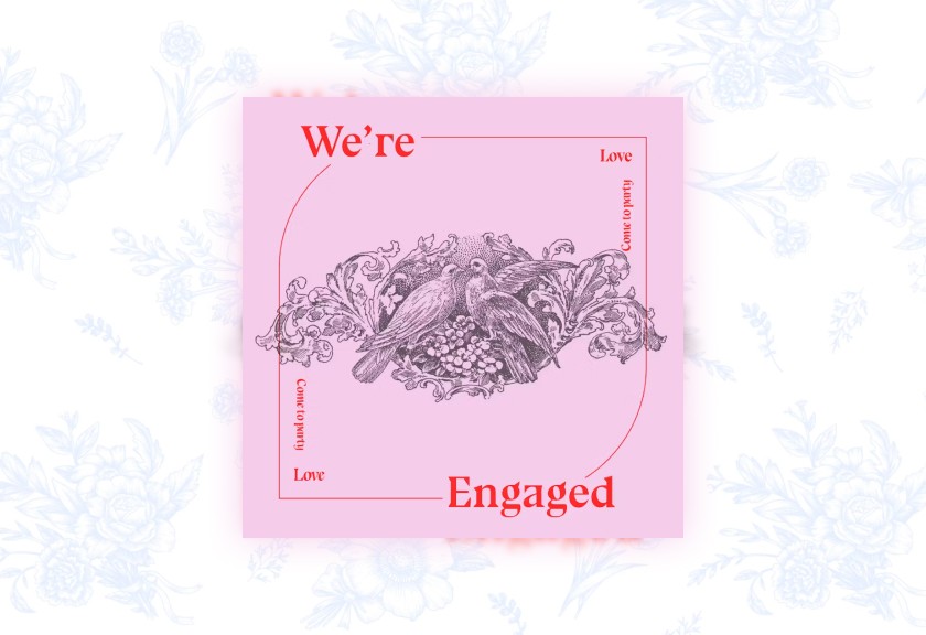 Whimsical pink engagement invitation with vintage-style dove illustration and romantic typography.