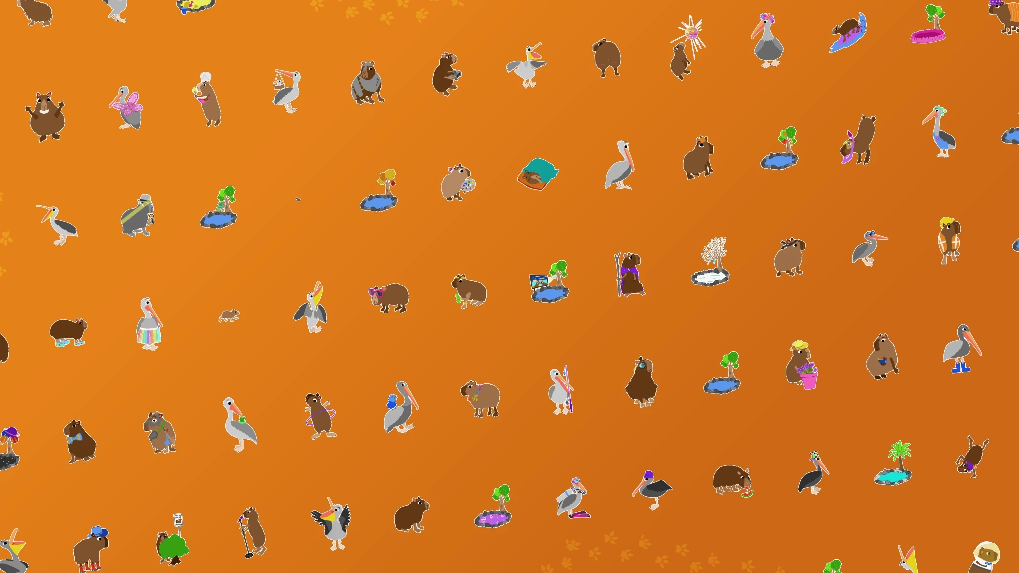 Grid of capybara, pelican, and hot spring artworks.