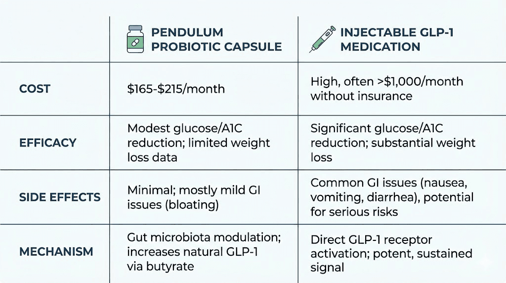 Pendulum GLP-1 Probiotic Pro versus injectable GLP-1 medications comparison chart