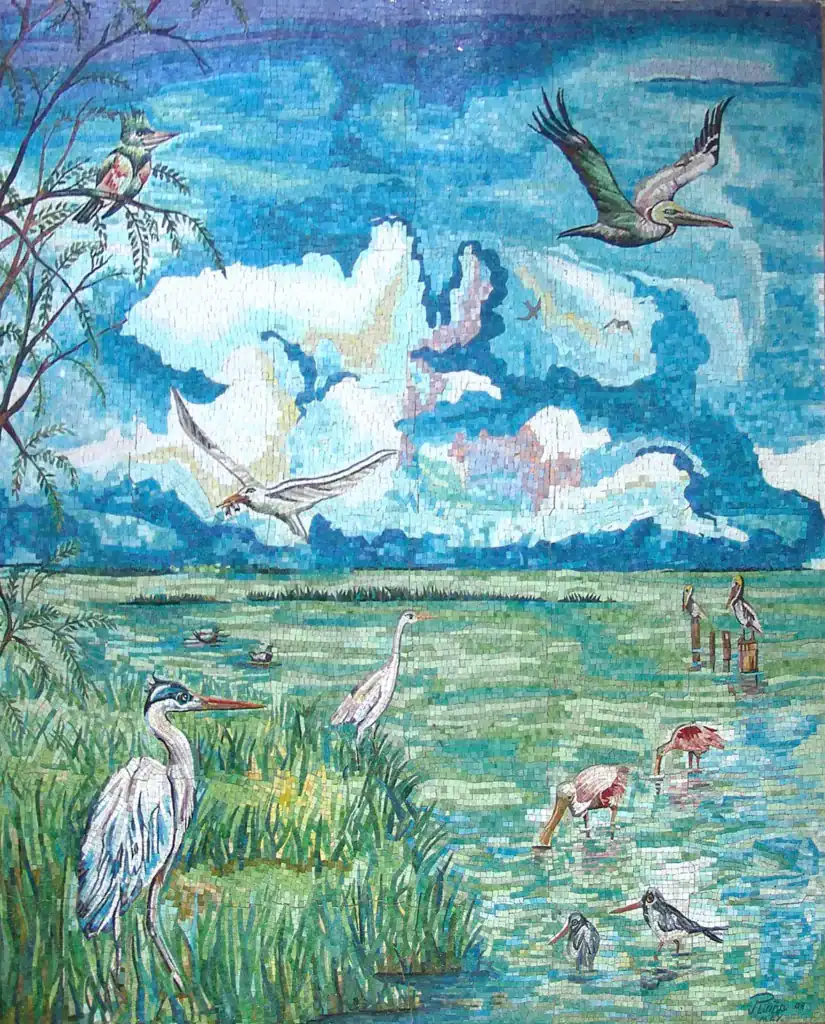 Vibrant mosaic depicting a peaceful wetland with birds and water reflections.