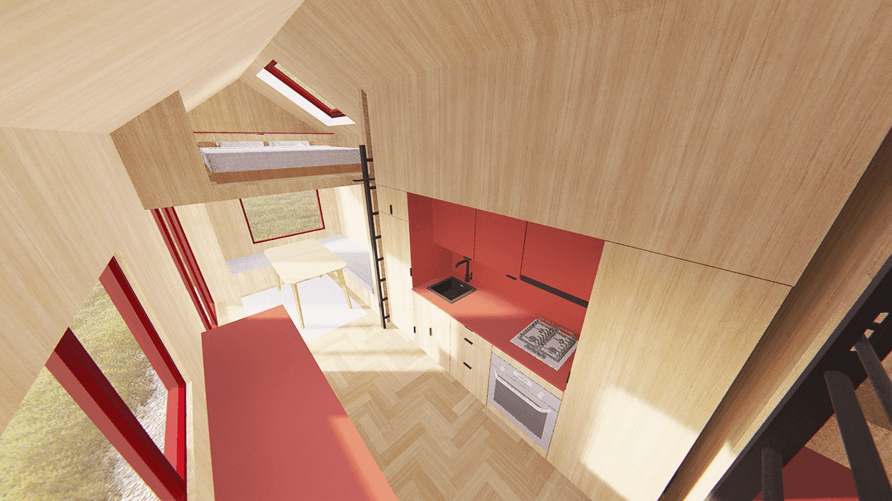 8x30 tiny house with 2 lofts interior