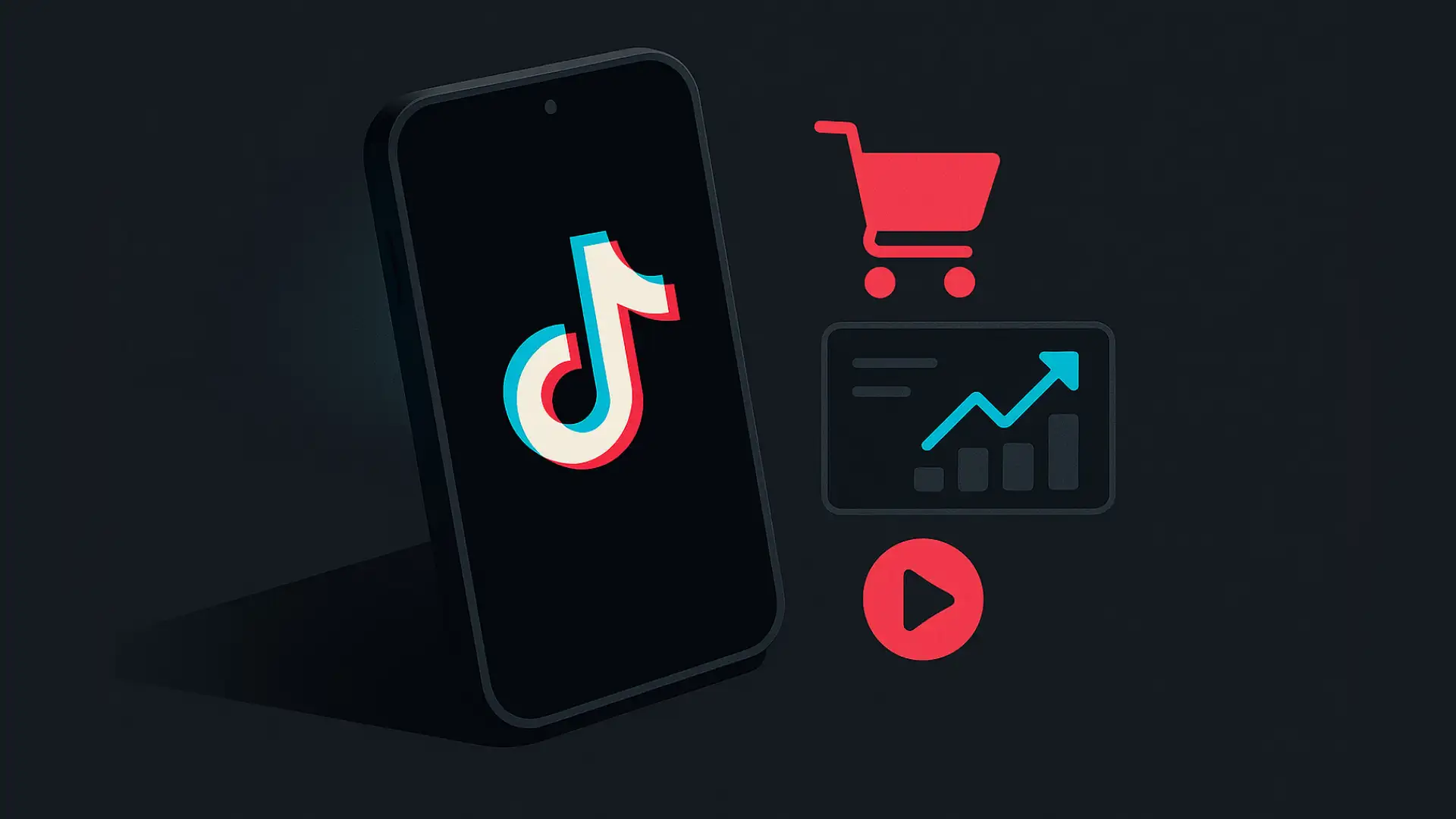 A smartphone showing the TikTok logo next to a shopping cart and a growth chart, symbolizing TikTok Shop campaign revenue.