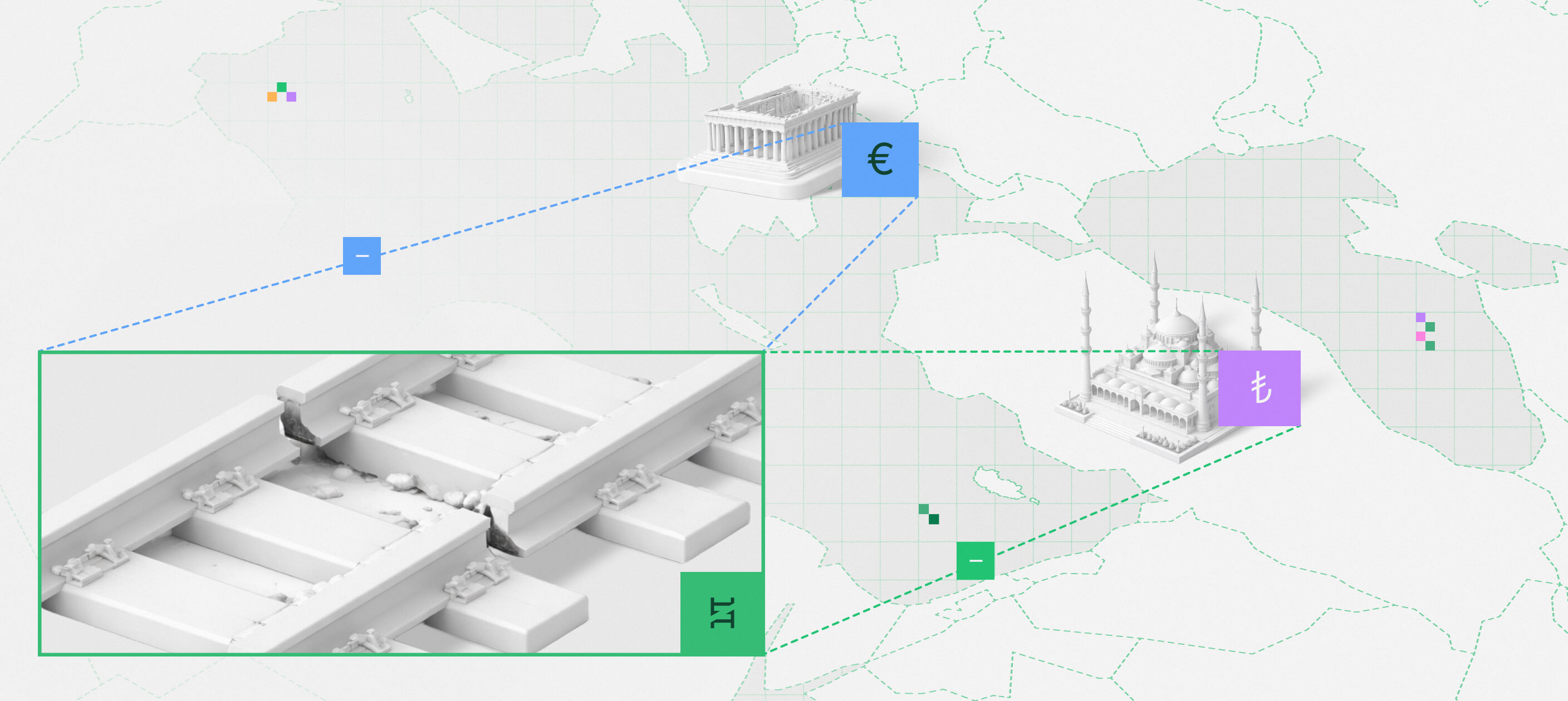 Stylized image of financial rails falling apart during a crisis in Greece and Turkey.