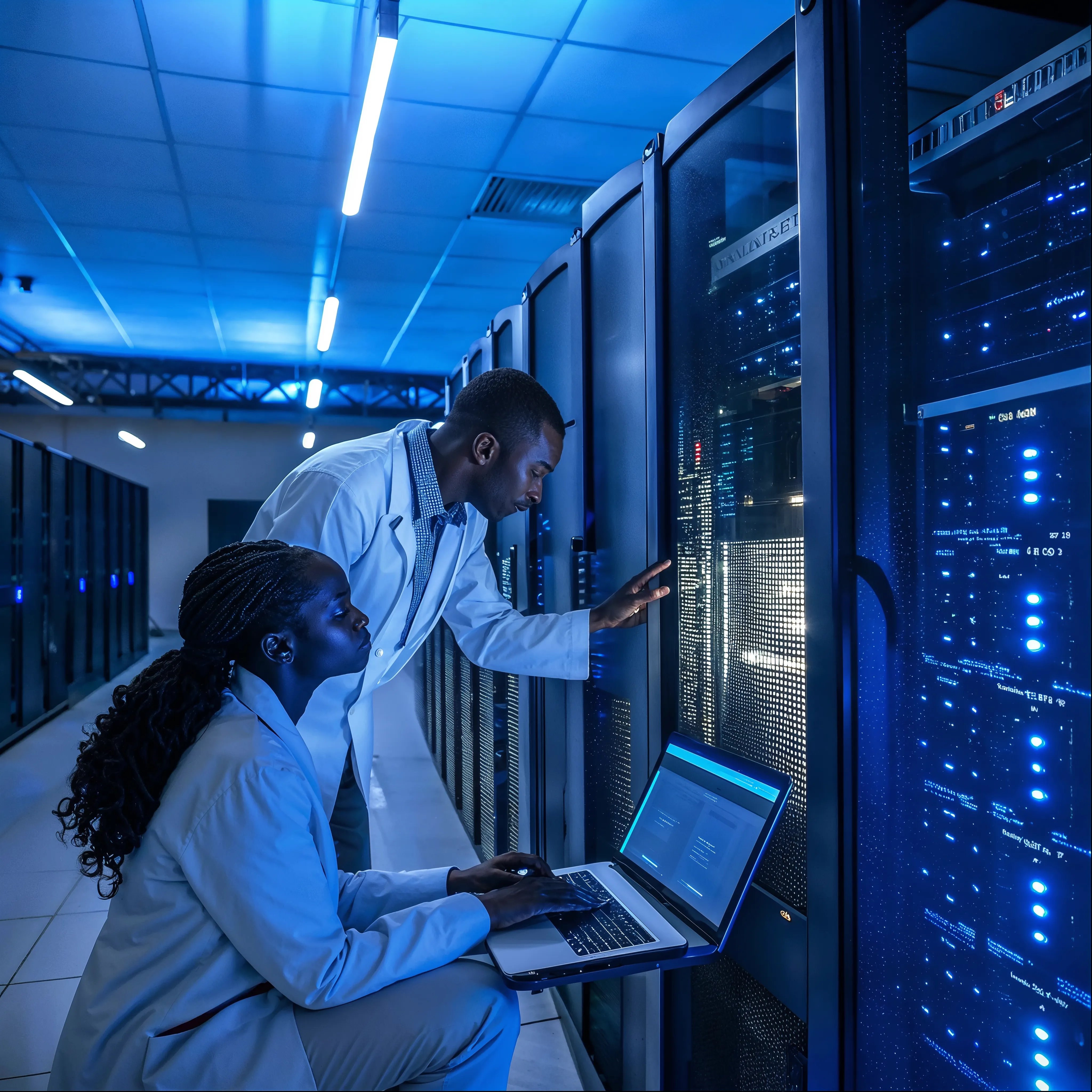 Employees maintaining a server room