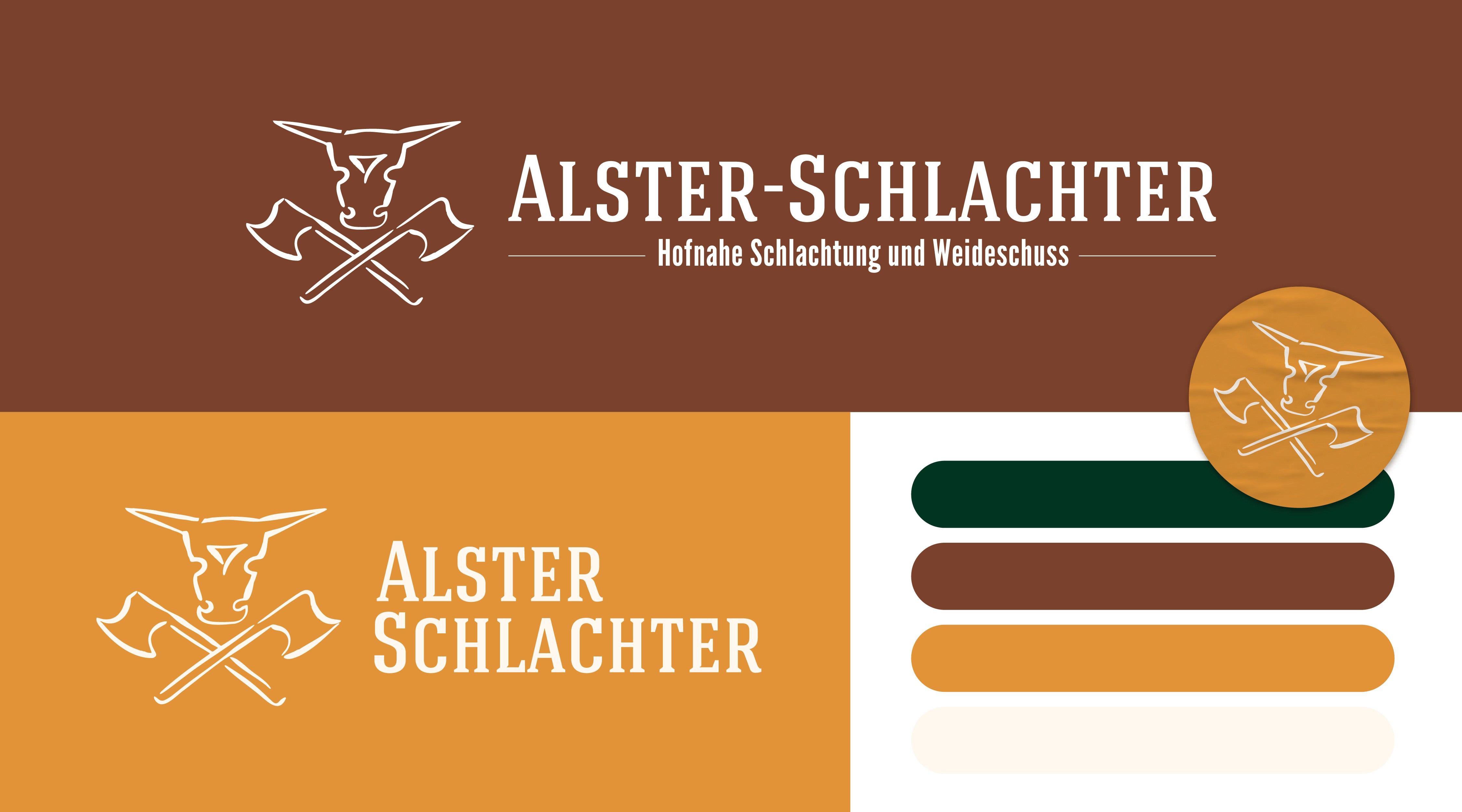 Logo Varianten für verschiedenen Anwendungszwecke. Ebenfalls werden die Farben der Alster-Schlachterei präsentiert. ergänzt wird das Bild durch einen runden Sticker mit dem Stierkopfsignet.