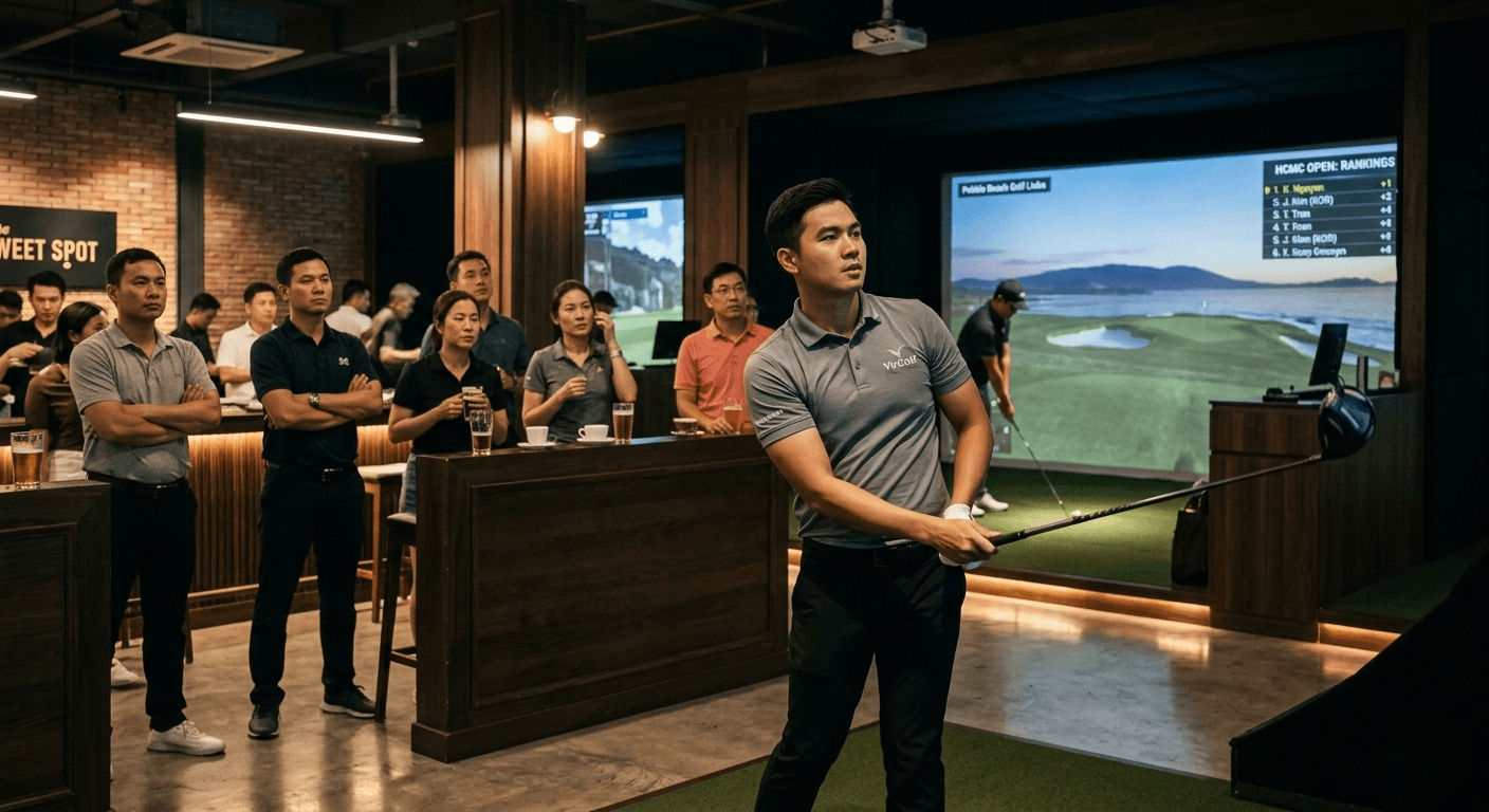 Man playing indoor golf while a crowd watches in a competitive tournament setting