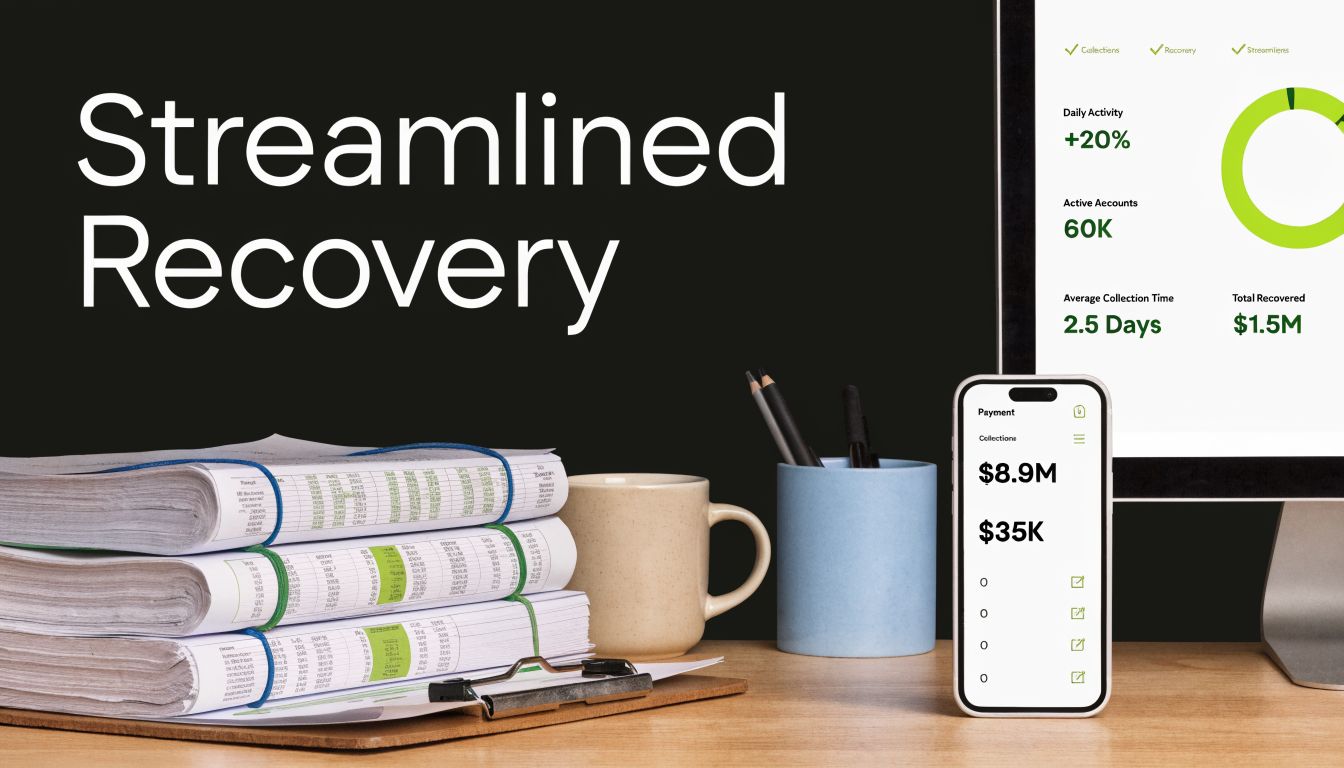 A modern desk featuring stacks of financial documents, a coffee mug, and a digital dashboard display.