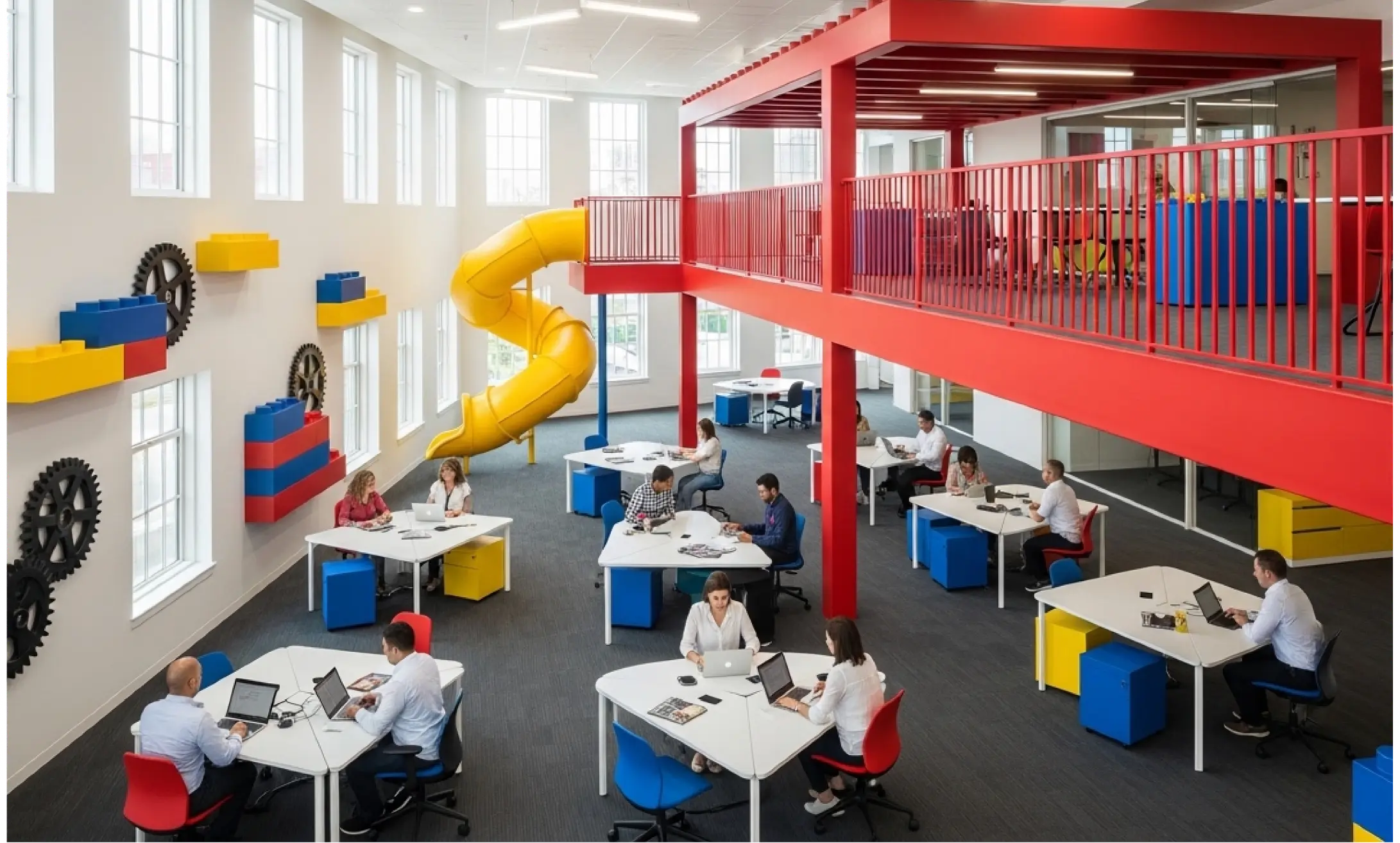 A vibrant, brightly lit modern co-working space with primary colors and an open layout.