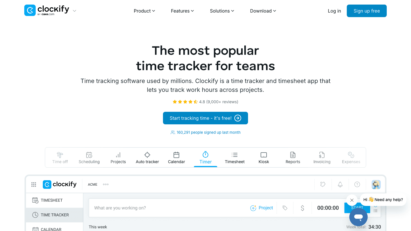Clockify time tracking app showing timer and project view