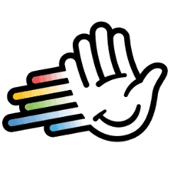 A stylized hand graphic with colorful lines suggesting movement or speed.