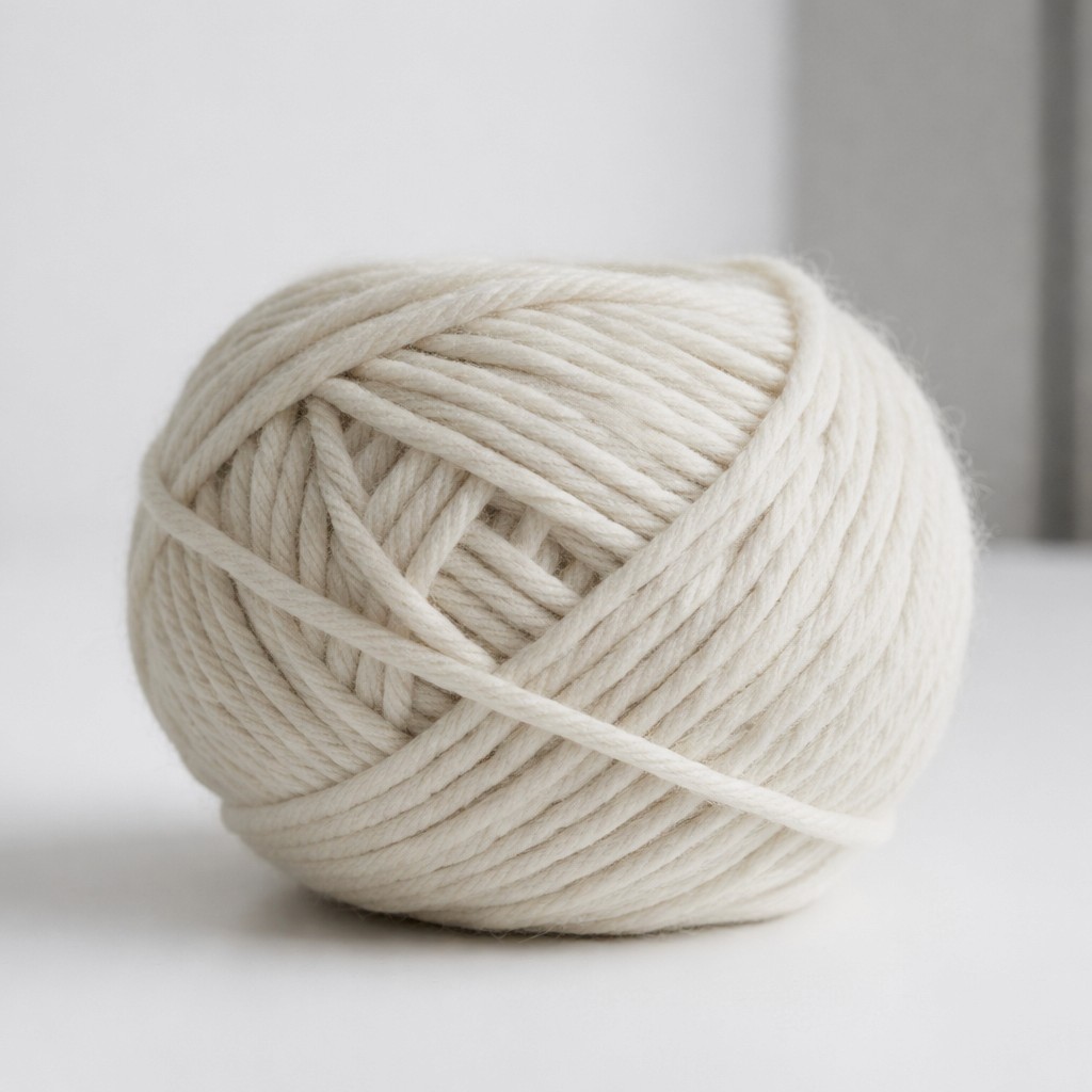 A neat ball of thick, off-white cotton or wool yarn against a clean, white background.