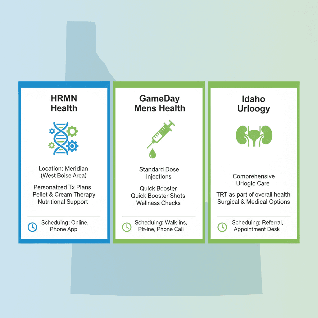 Infographic comparing TRT clinics in the Boise area including HRMN Health, GameDay Men's Health, and Idaho Urology.