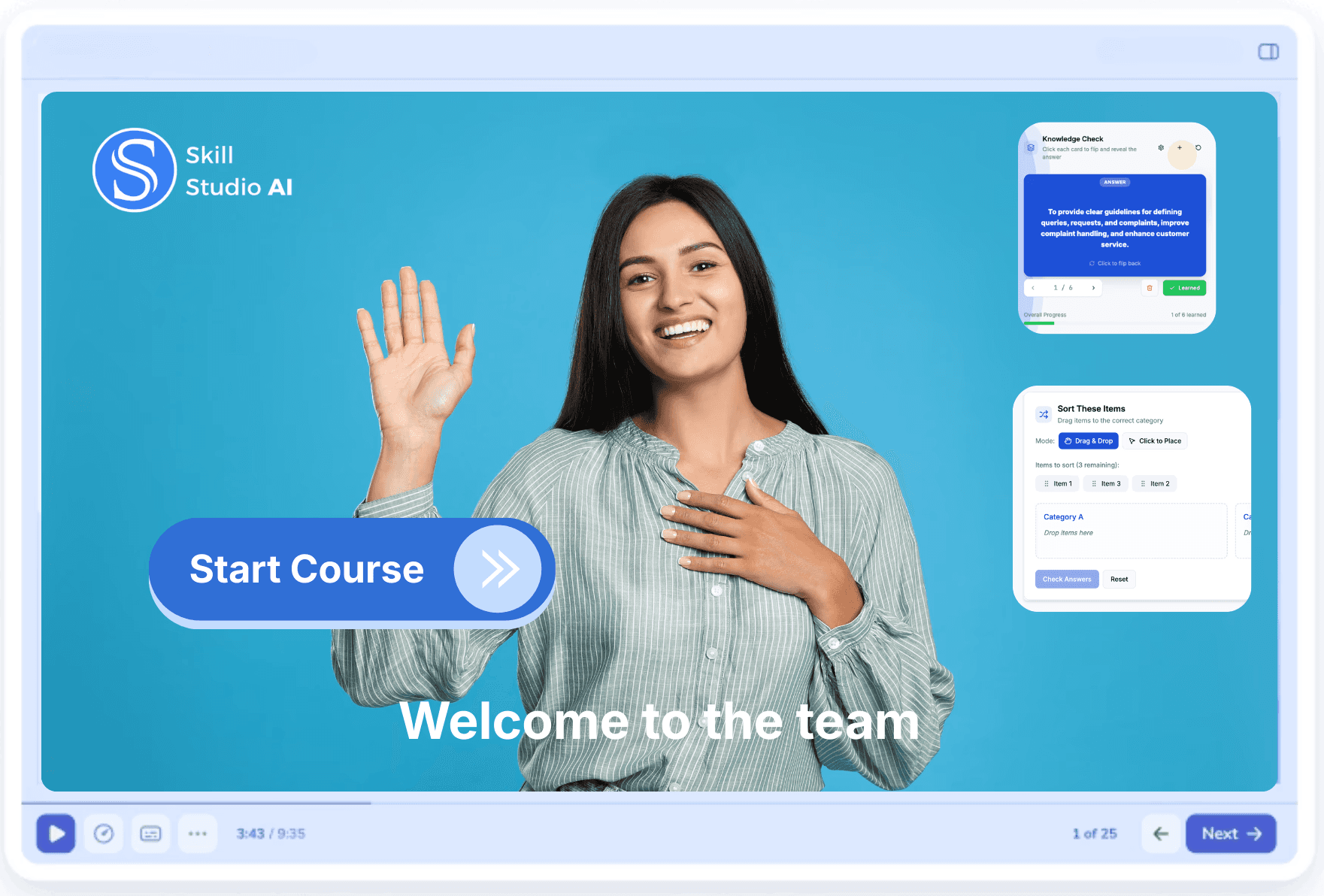 Woman welcomes new team with compliance training start button, blue background.