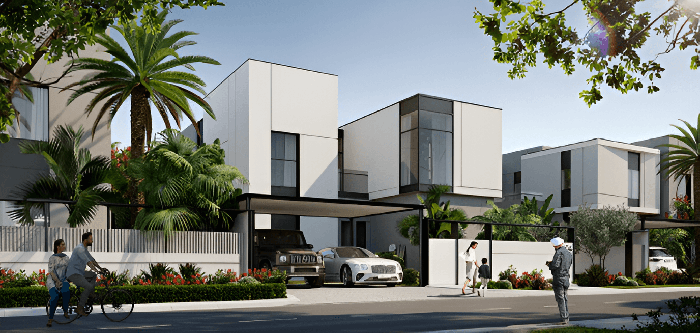 A modern home rendering in Murooj Al Furjan, featuring a car parked in front of the stylish facade.
