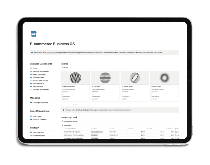 E-commerce Business OS. This all-in-one Notion template is designed to streamline and simplify every aspect of your online store operations. From inventory management to shipping logistics, this system gives you the tools to efficiently handle every step of your business process. 