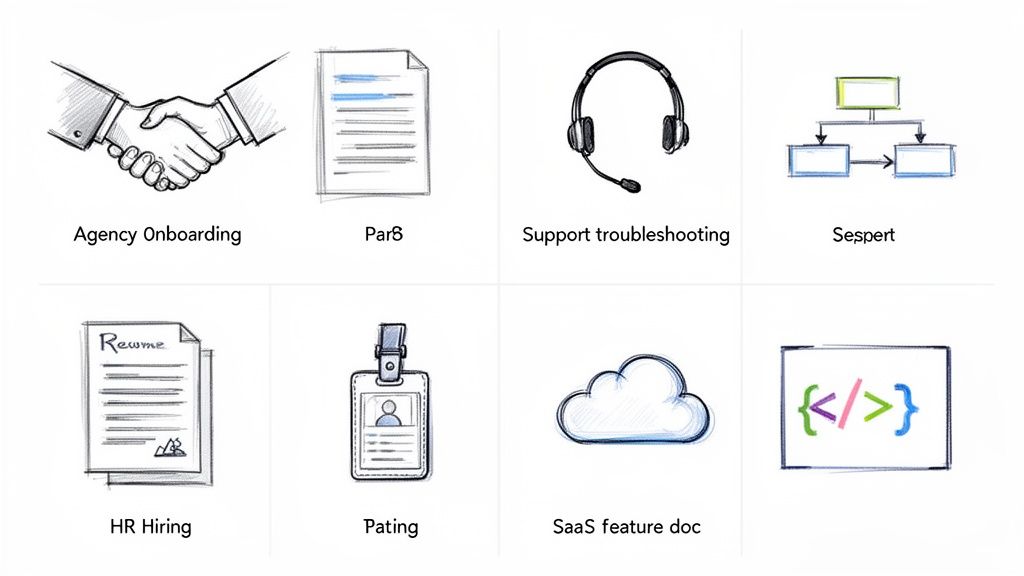 Eight hand-drawn business process icons, including onboarding, HR, support, documents, and technical symbols.