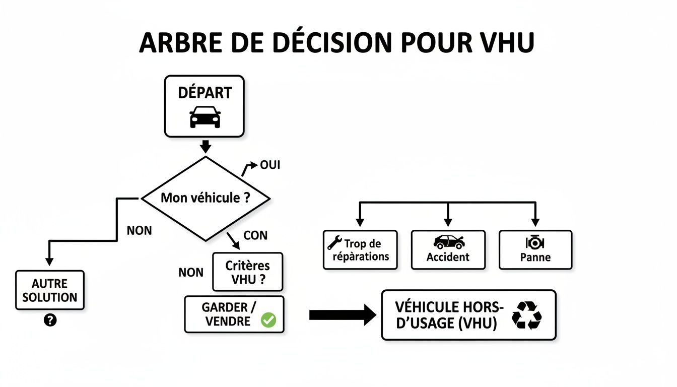 Diagramme de décision pour véhicules hors d'usage (VHU) expliquant quand un véhicule devient VHU.