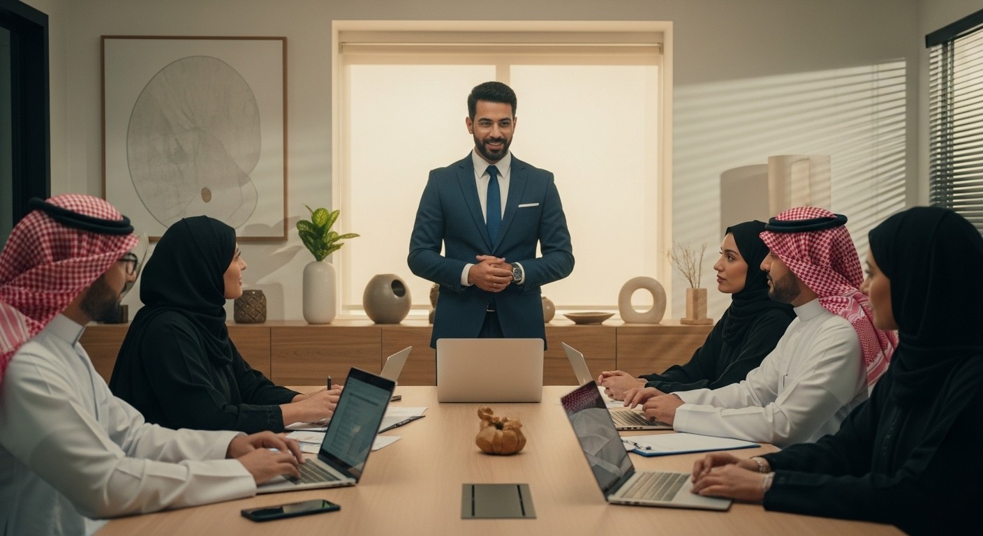 A meeting scene with four individuals, two men in traditional Saudi thobes and two women in hijabs, sitting at a conference table with open laptops. A fifth person, a man in a business suit, is standing and speaking to them. The image is used on a website for a No-Code Agency in Egypt.