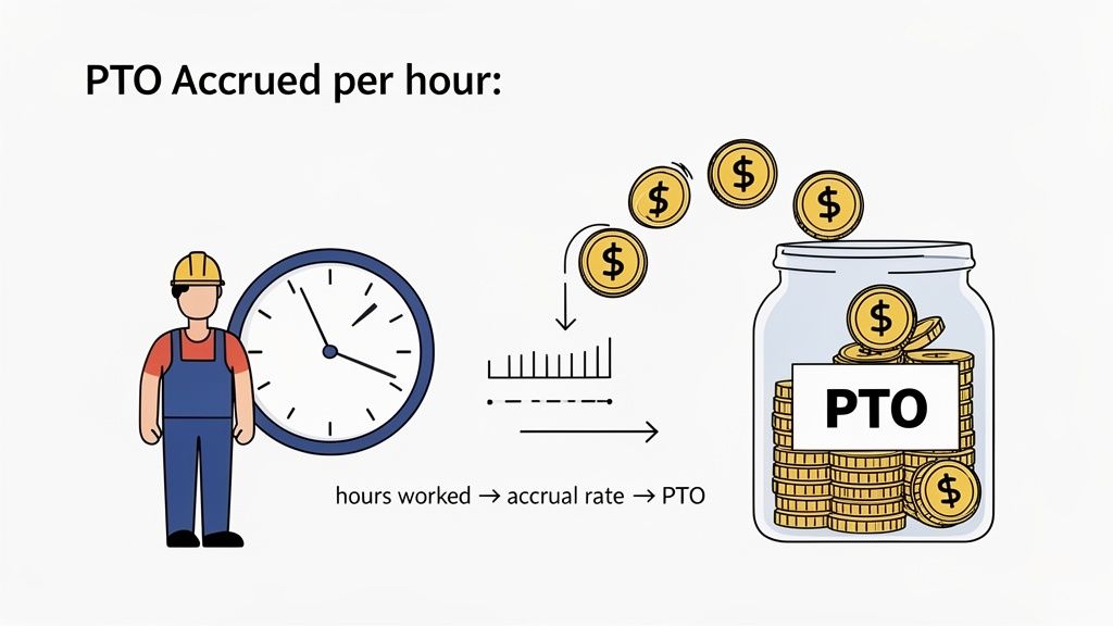 Illustration showing a worker and clock, demonstrating PTO accrual based on hours worked.