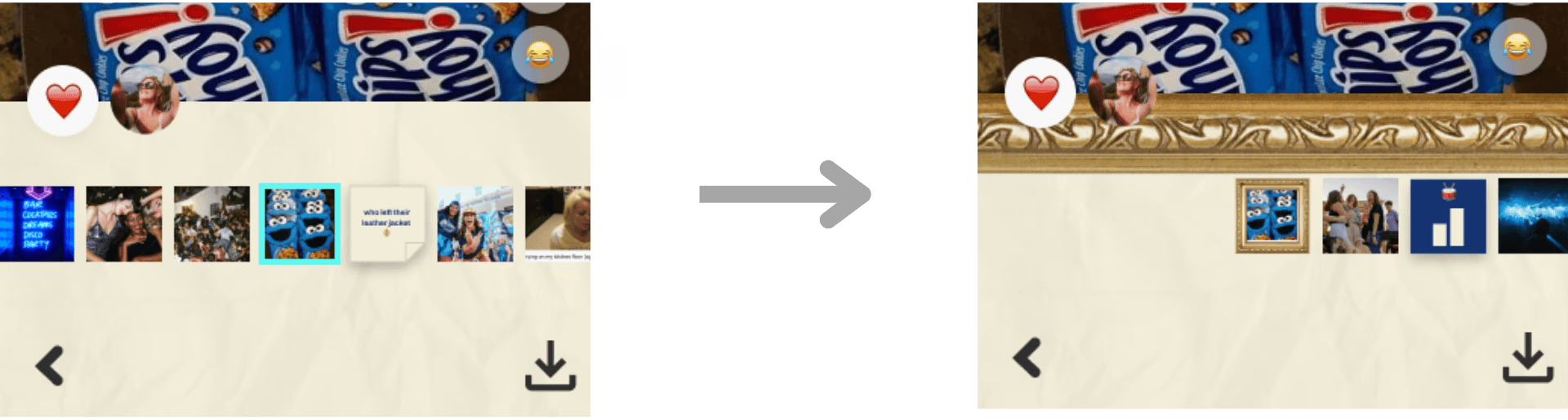 Side-by-side image strip showing visual media thumbnails. Right adds gold frame styling to selections.