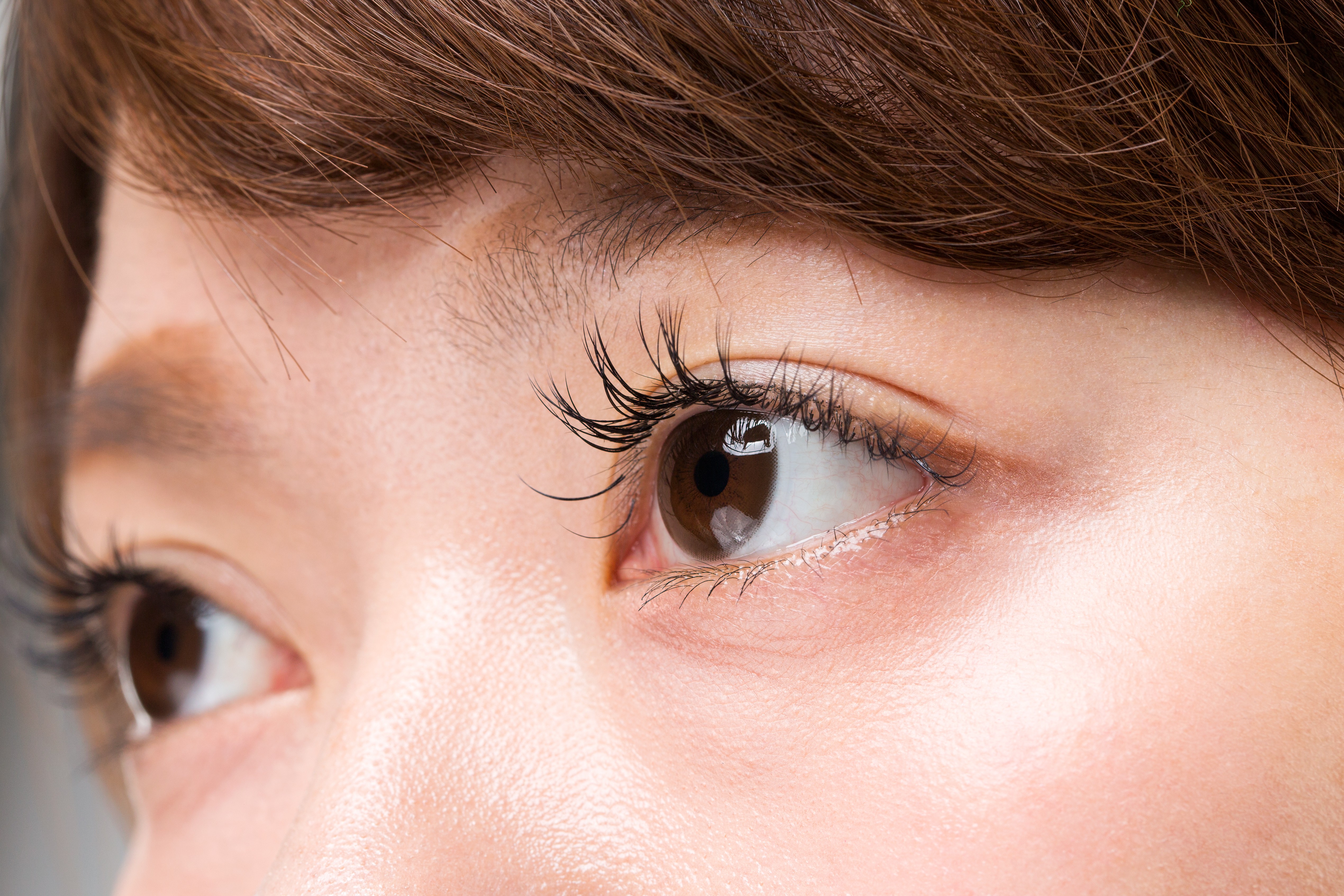 Close-up of a person's brown eye and eyelashes.