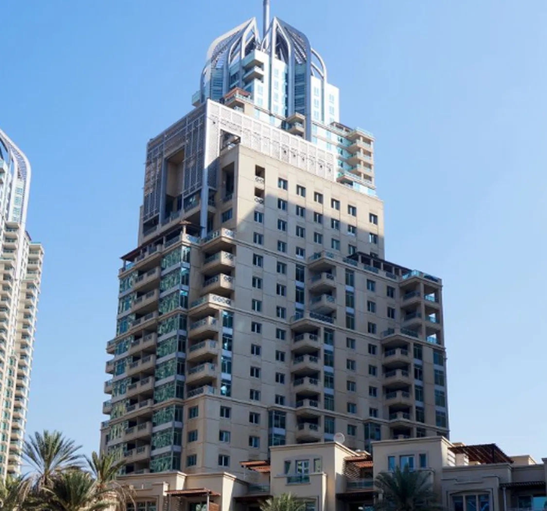 A real estate agent's perspective of the high-rise architecture at Mesk Tower in Dubai.