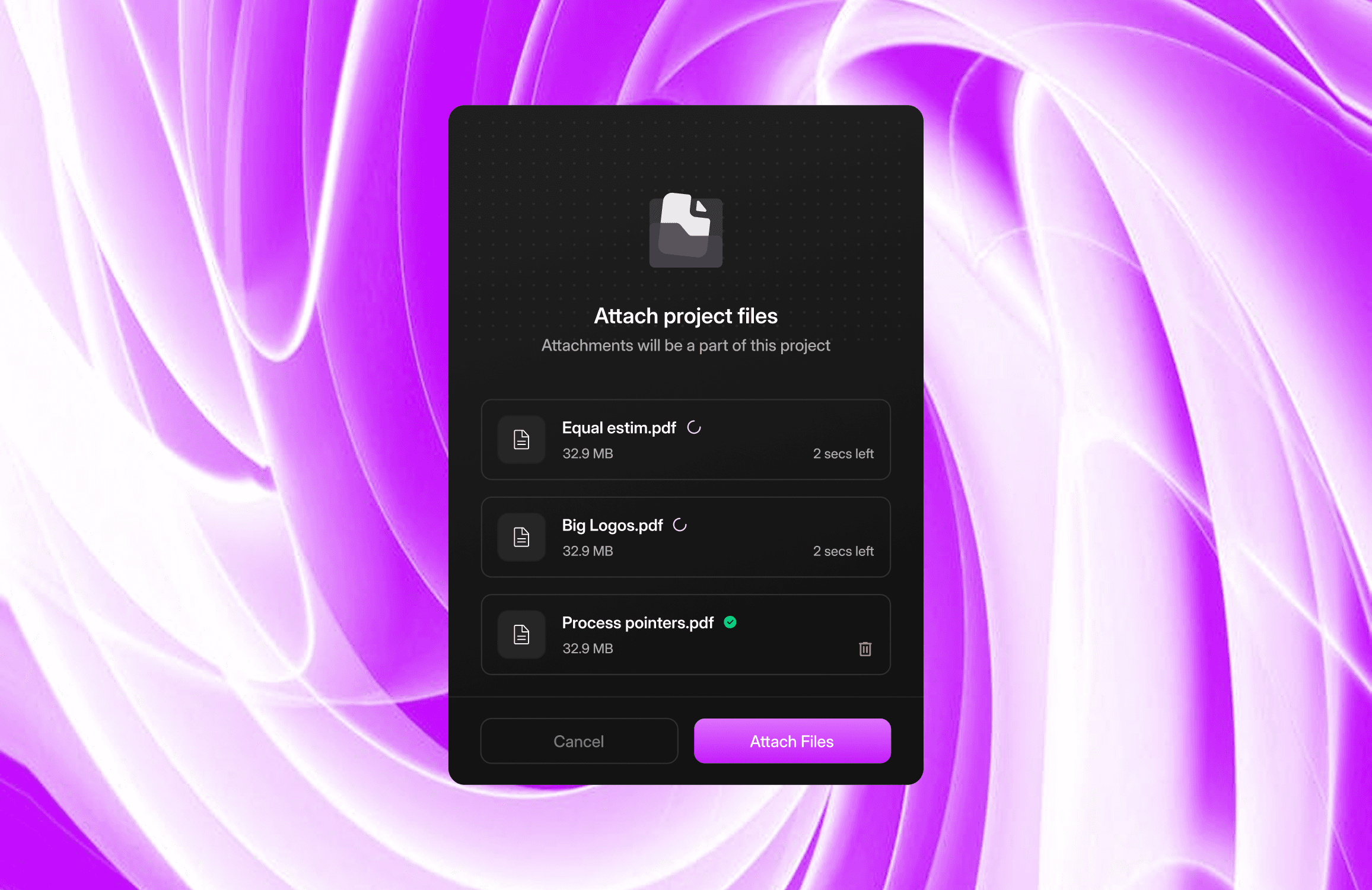 The image displays a digital interface with a file upload window overlaying a swirling purple abstract background, highlighting options for attaching project files, including PDFs, with an "Attach Files" button at the bottom.