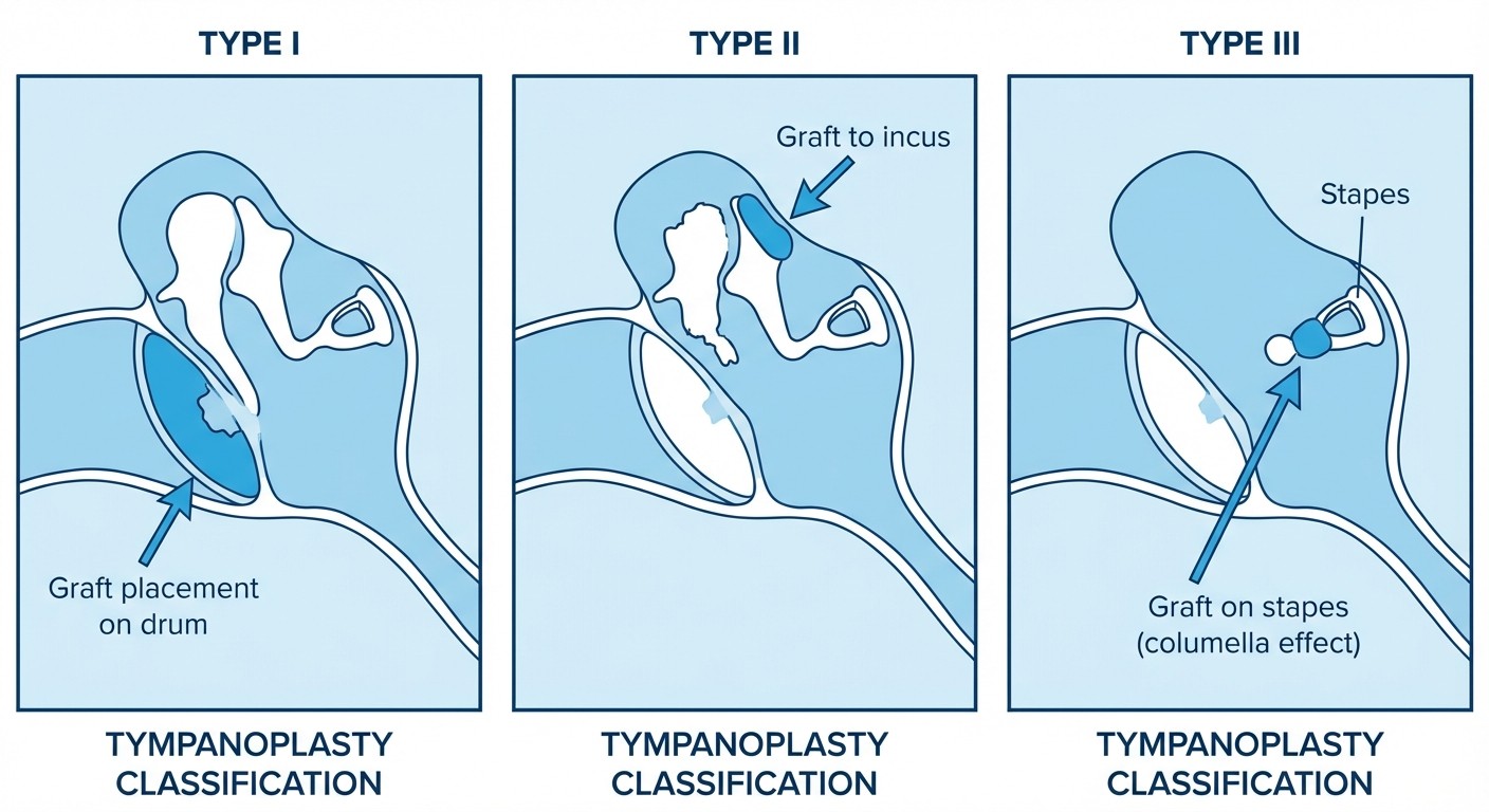 Tympanoplasty classification Types I-III showing graft placement patterns for FMGE ENT
