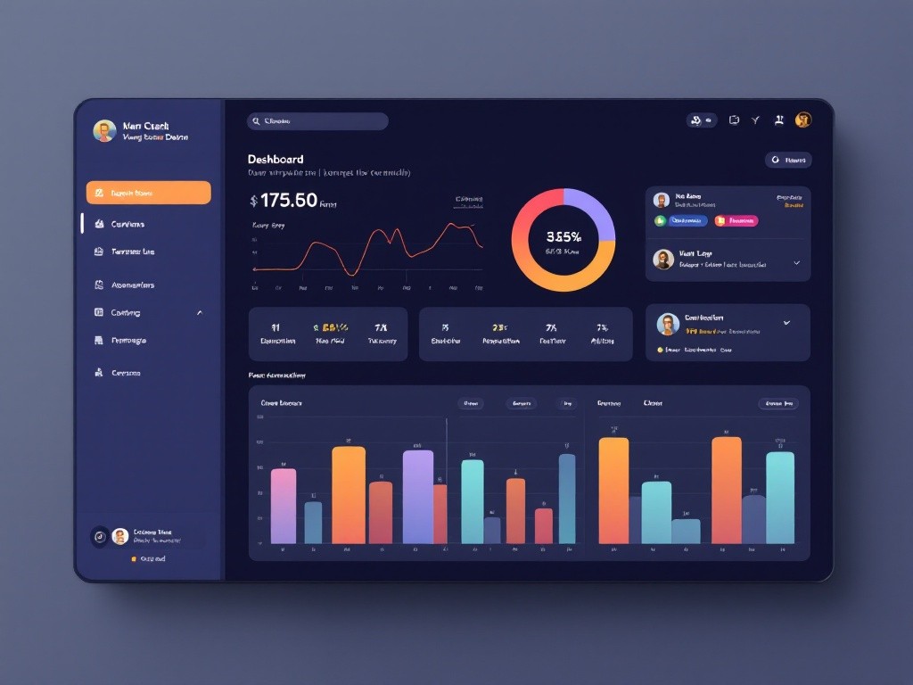 A dark mode dashboard with charts and graphs.