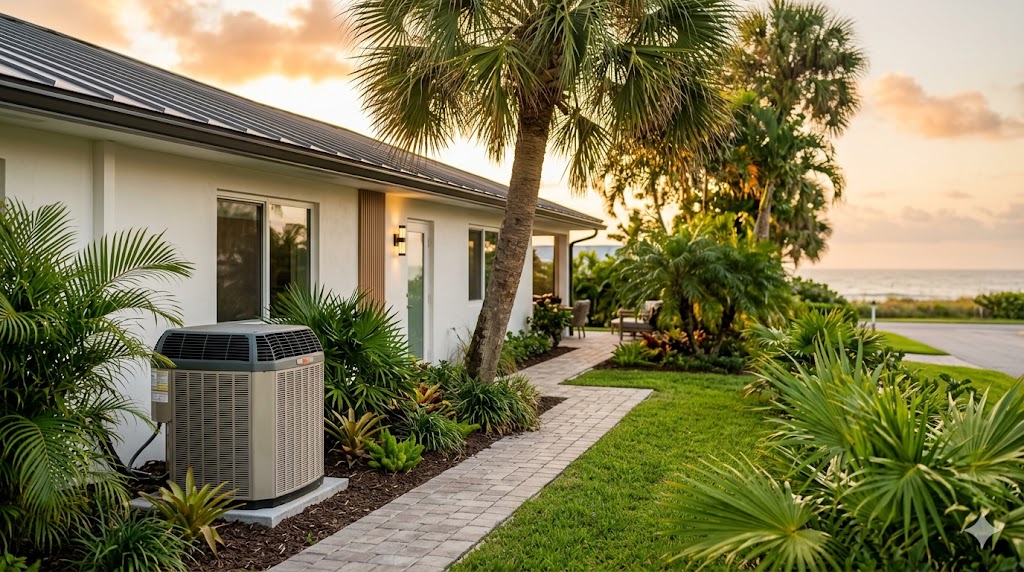 Coastal Palm Beach County home with an outdoor AC condenser unit beside palm trees